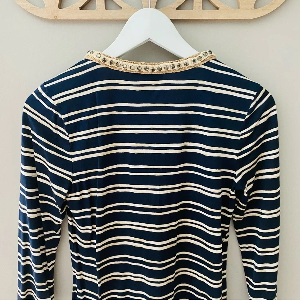 Tory Burch Striped V-Neck Top Navy Blue/Cream Sz Small